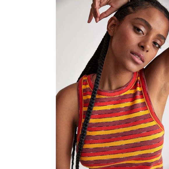 Anthropologie Tops - Anthropologie Ribbed Racerback Retro Orange Red Striped Cotton Tank Top Boho S
